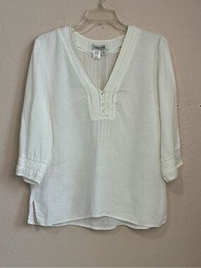 Coldwater Creek Linen Top Woman’s Large Petite P/L White 3/4 Sleeve Summer Vacay